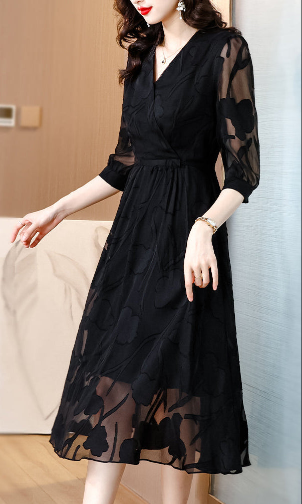 Black Organza Dress With Floral Shadow Pattern