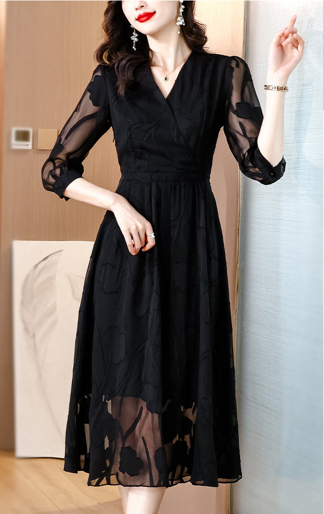 Black Organza Dress With Floral Shadow Pattern