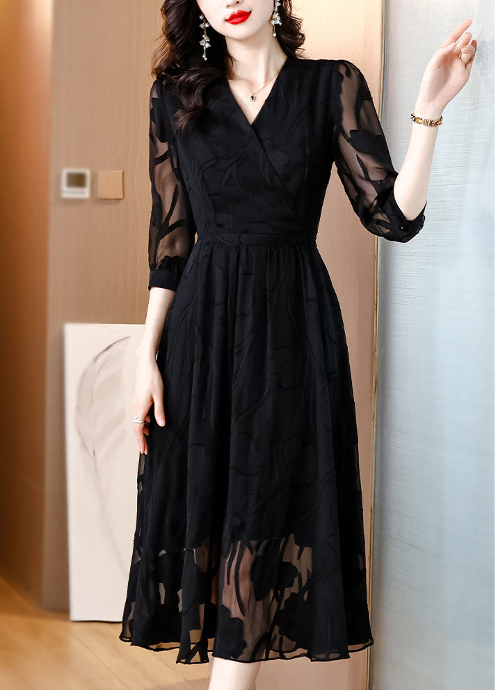 Black Organza Dress With Floral Shadow Pattern