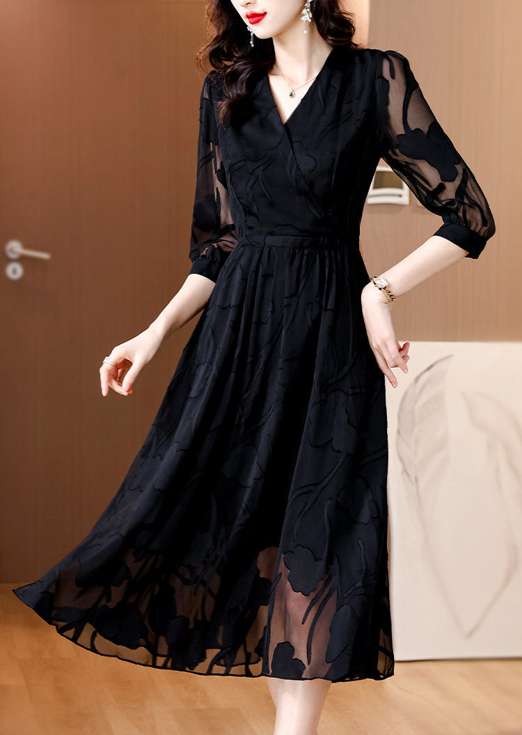 Black Organza Dress With Floral Shadow Pattern