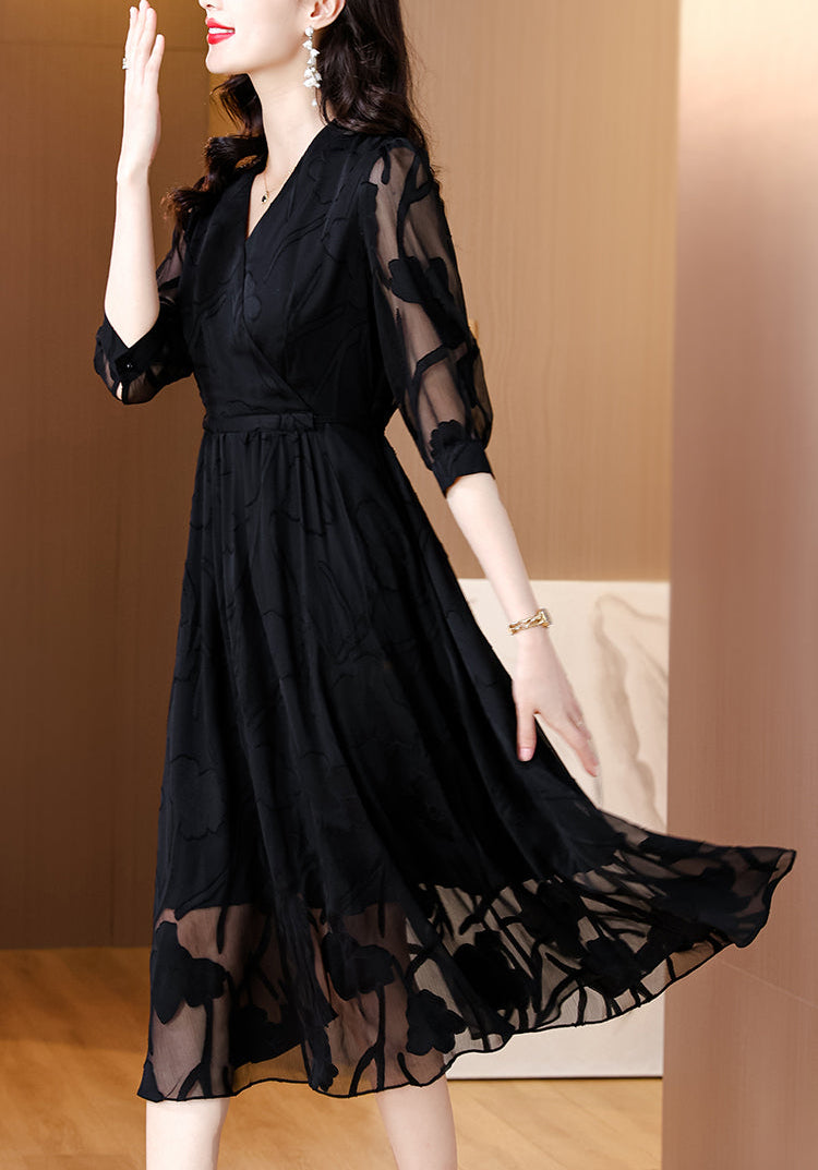 Black Organza Dress With Floral Shadow Pattern