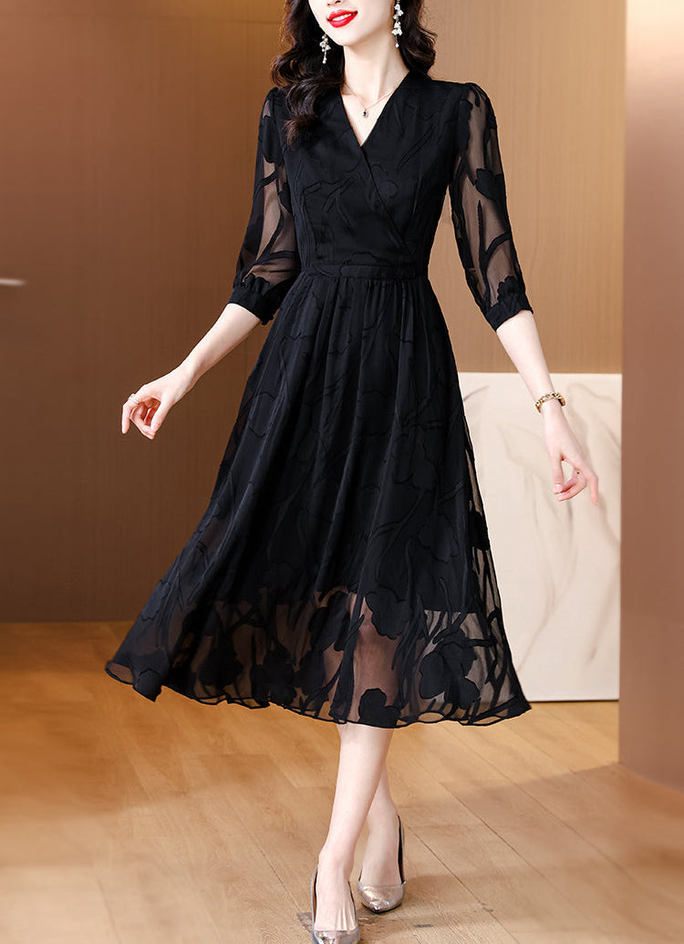 Black Organza Dress With Floral Shadow Pattern