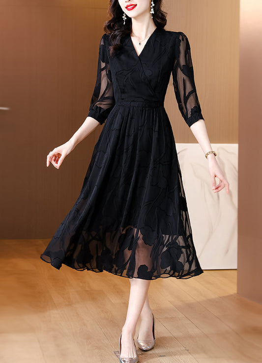 Black Organza Dress With Floral Shadow Pattern