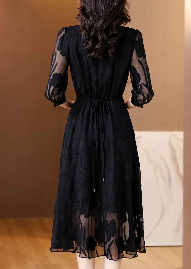 Black Organza Dress With Floral Shadow Pattern