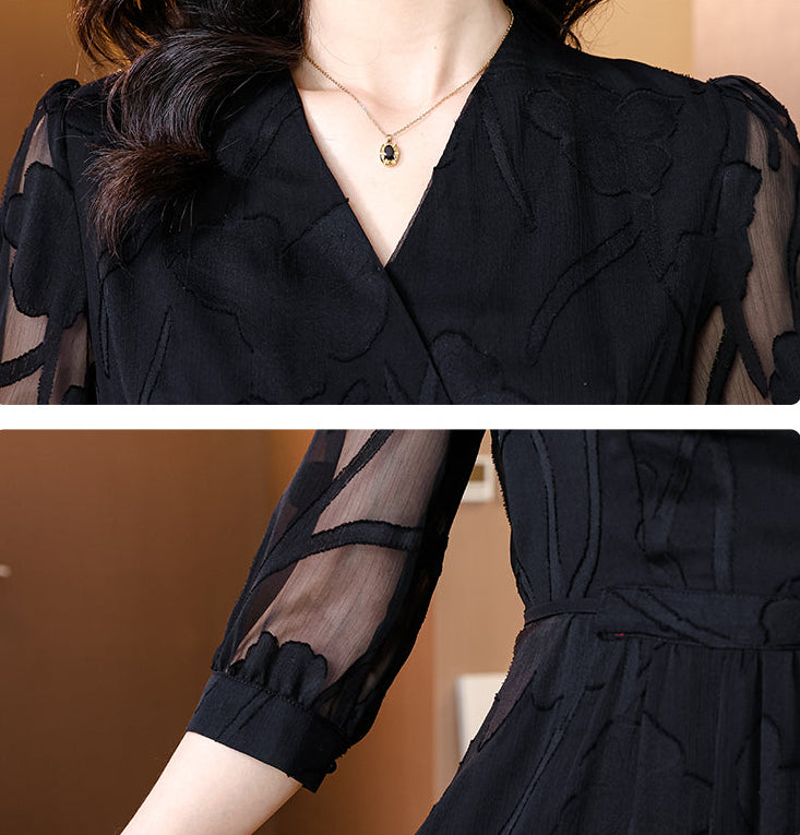 Black Organza Dress With Floral Shadow Pattern