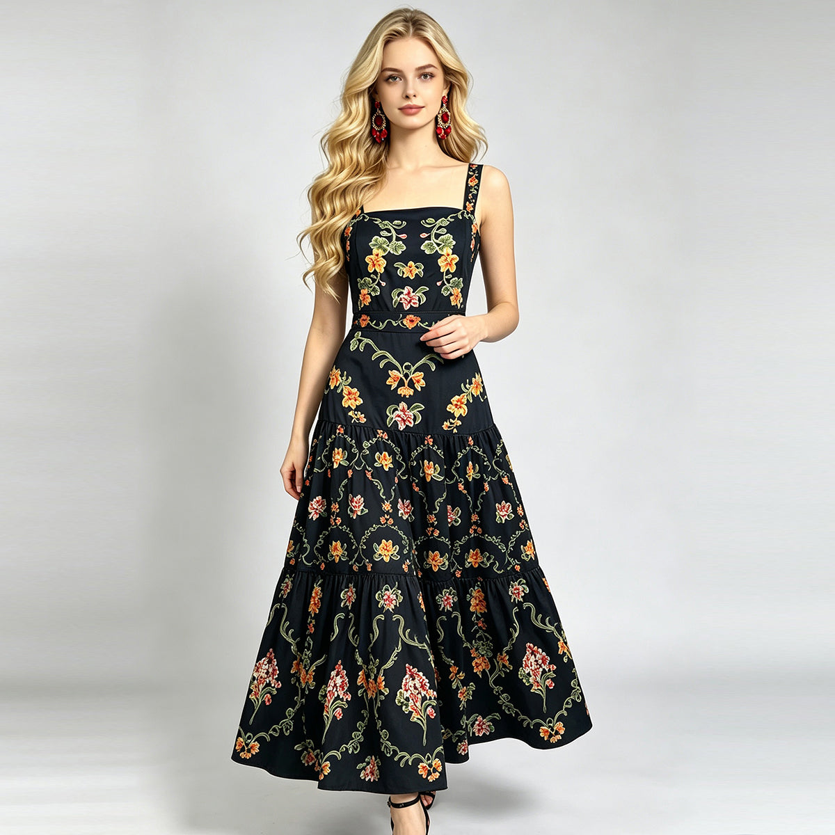 Black Floral Print Tiered Camisole Maxi Dress with Square Neck