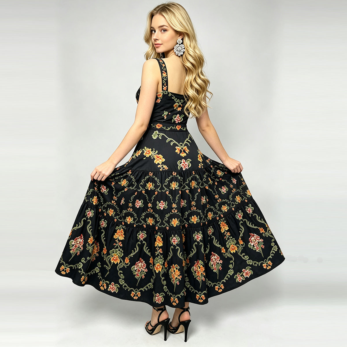 Black Floral Print Tiered Camisole Maxi Dress with Square Neck