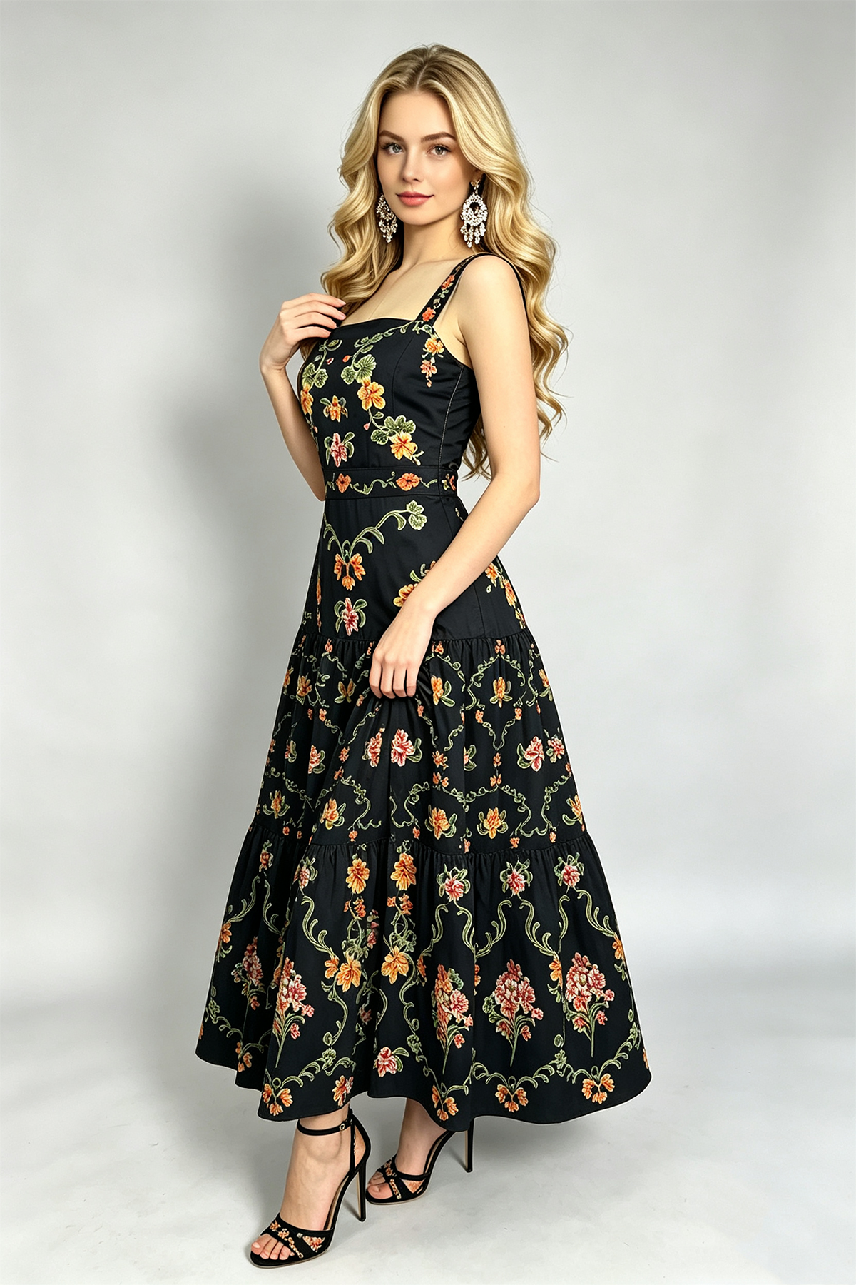Black Floral Print Tiered Camisole Maxi Dress with Square Neck