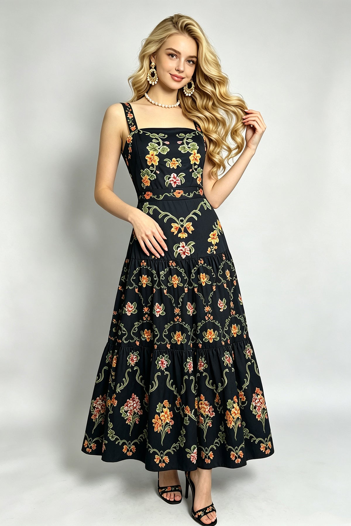 Black Floral Print Tiered Camisole Maxi Dress with Square Neck