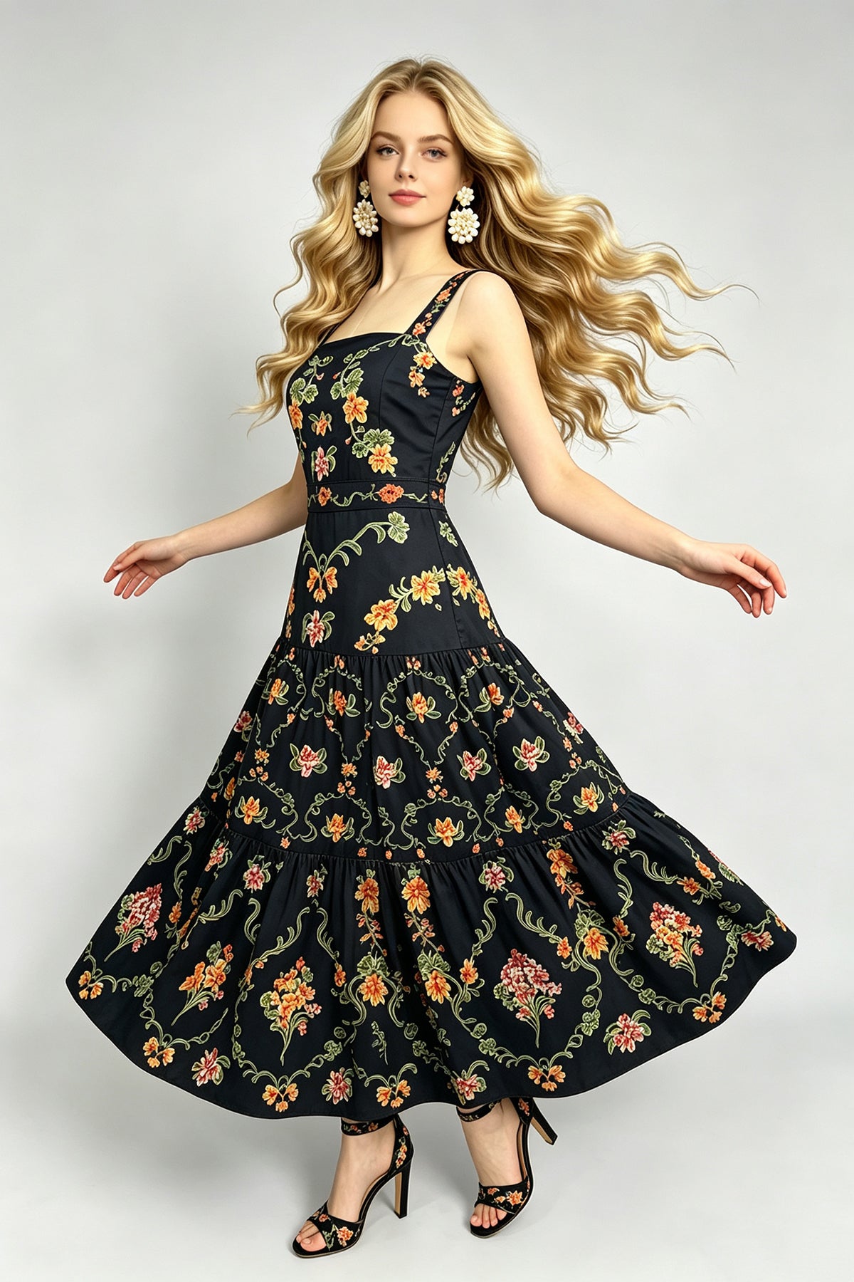 Black Floral Print Tiered Camisole Maxi Dress with Square Neck