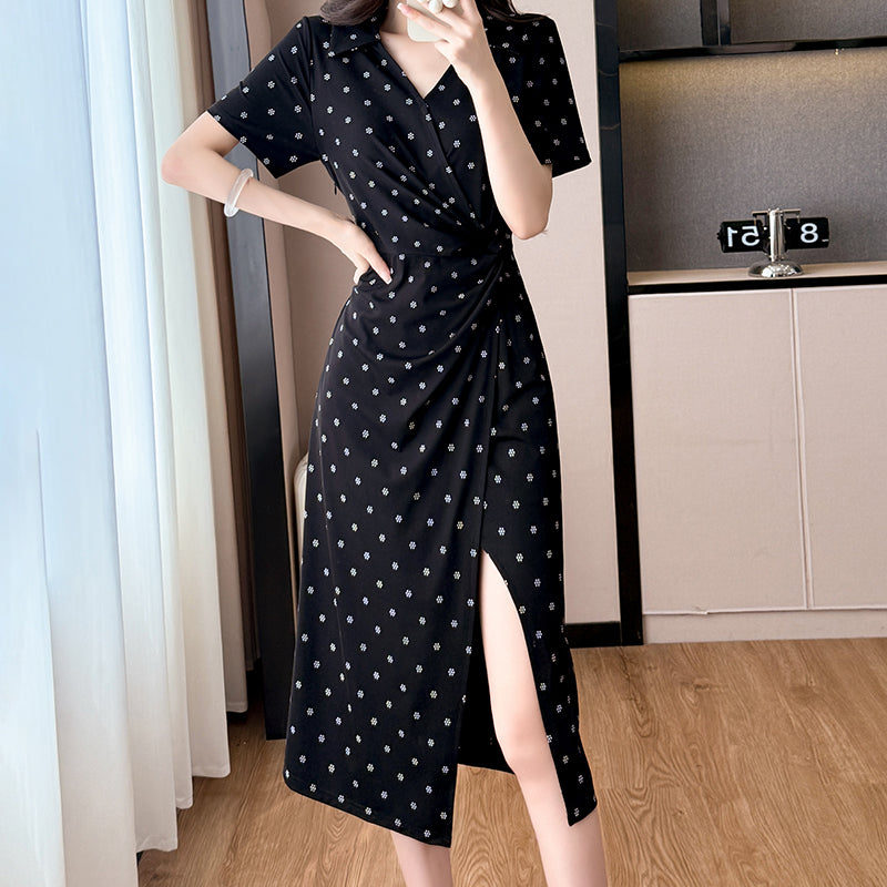 Plus Size Black Floral Print Wrap-Style Midi Dress with Side Slit