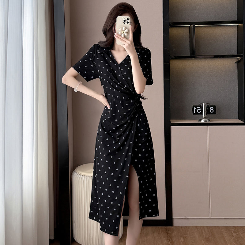Plus Size Black Floral Print Wrap-Style Midi Dress with Side Slit