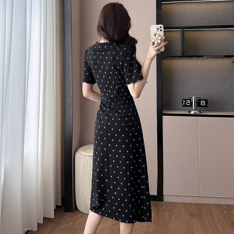 Plus Size Black Floral Print Wrap-Style Midi Dress with Side Slit