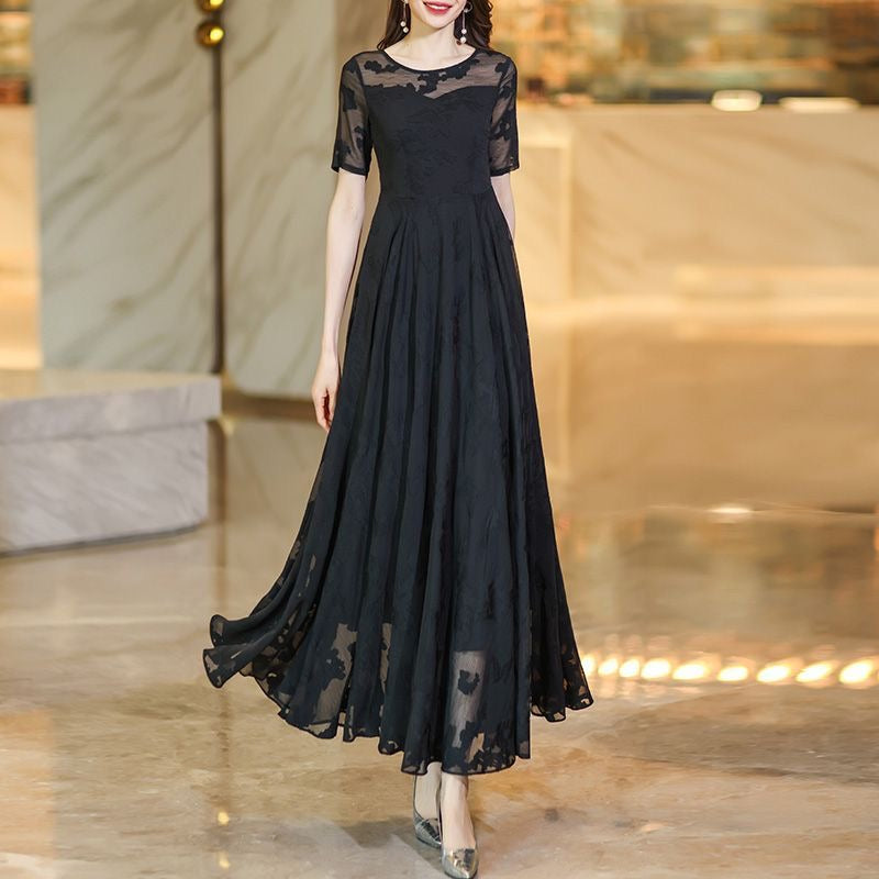 Black Lace Sheer Sleeve Evening Maxi Dress