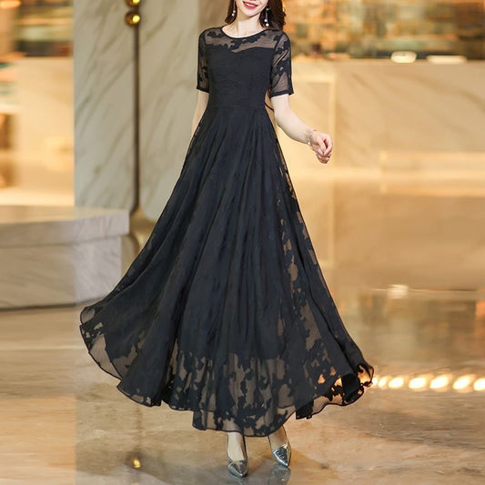 Black Lace Sheer Sleeve Evening Maxi Dress