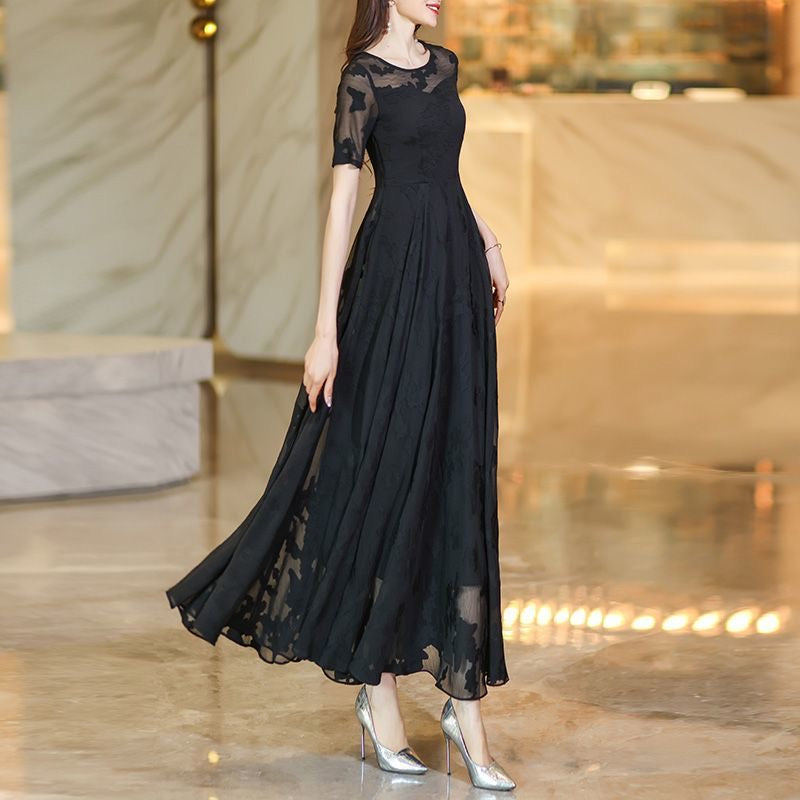 Black Lace Sheer Sleeve Evening Maxi Dress
