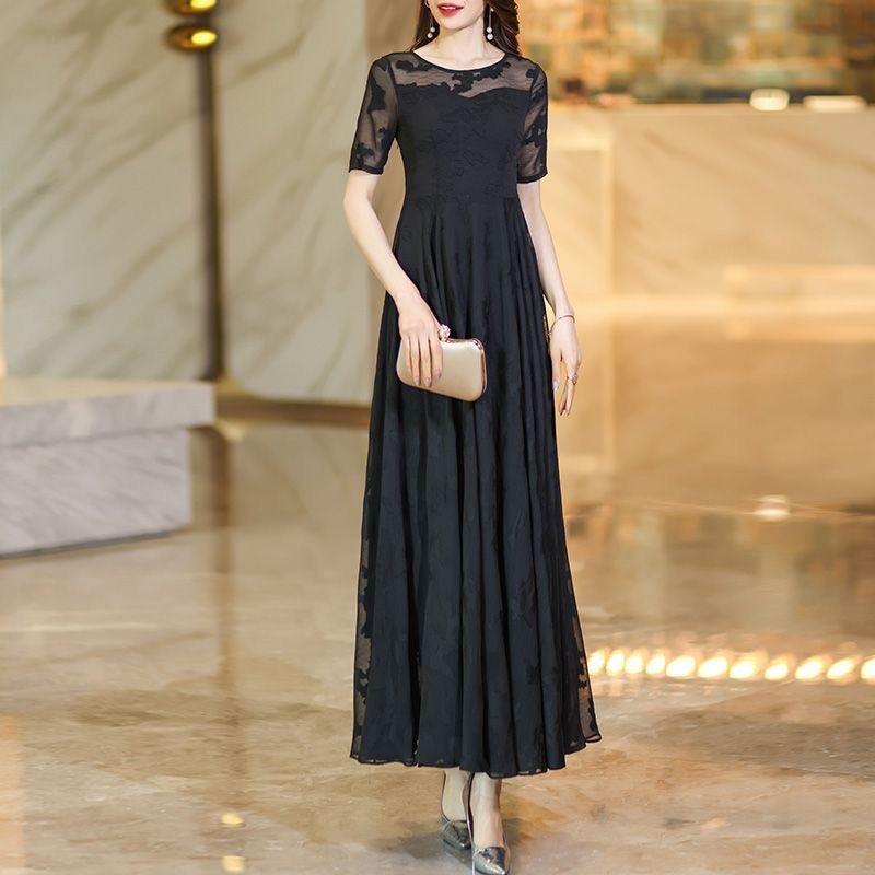 Black Lace Sheer Sleeve Evening Maxi Dress