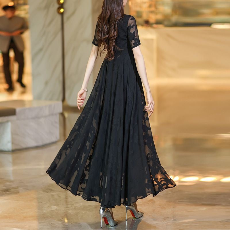 Black Lace Sheer Sleeve Evening Maxi Dress