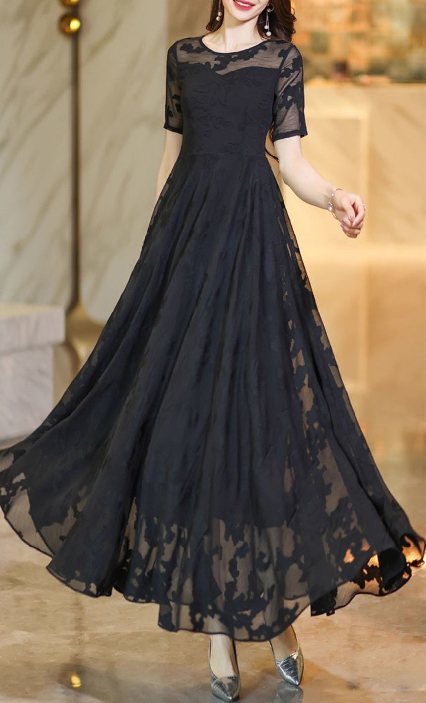 Black Lace Sheer Sleeve Evening Maxi Dress