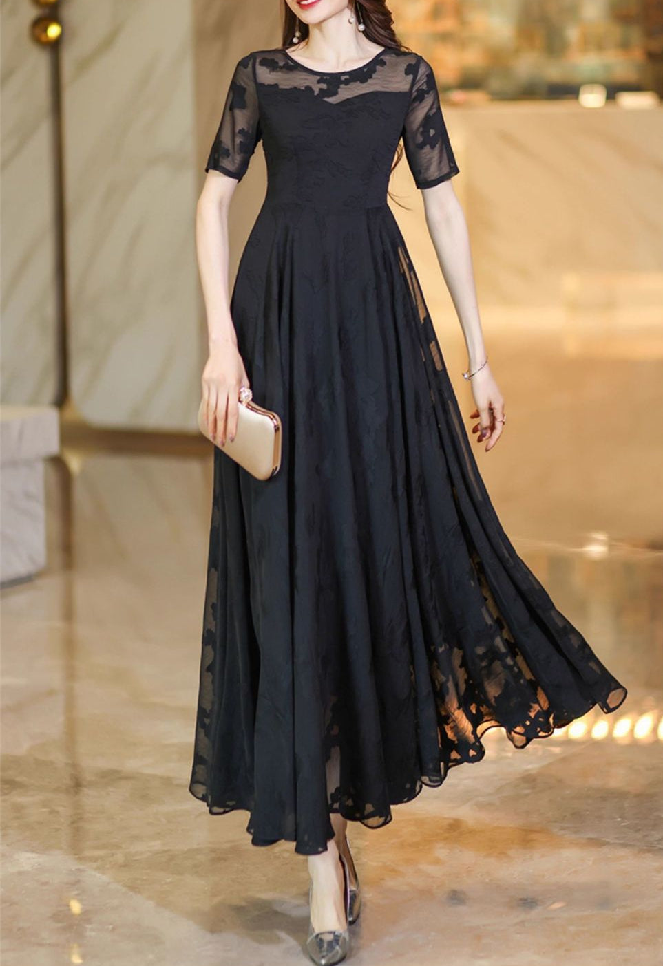 Black Lace Sheer Sleeve Evening Maxi Dress