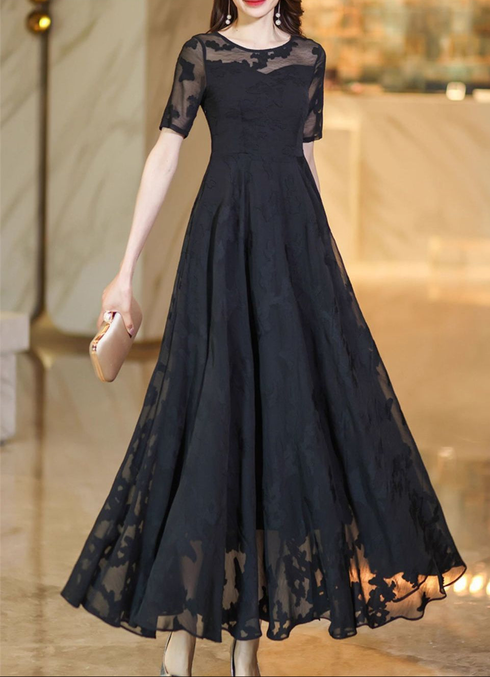 Black Lace Sheer Sleeve Evening Maxi Dress