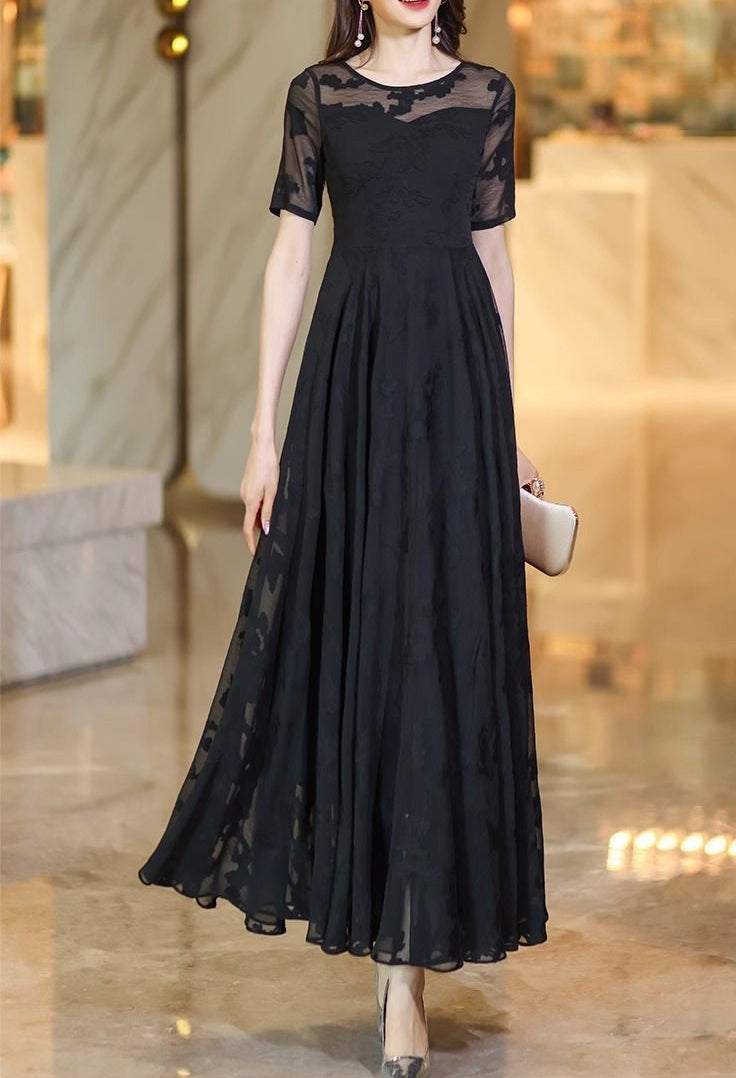 Black Lace Sheer Sleeve Evening Maxi Dress