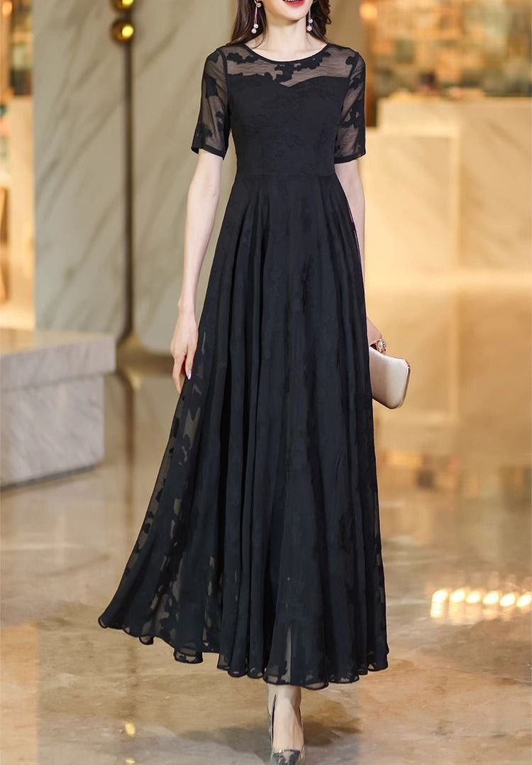 Black Lace Sheer Sleeve Evening Maxi Dress