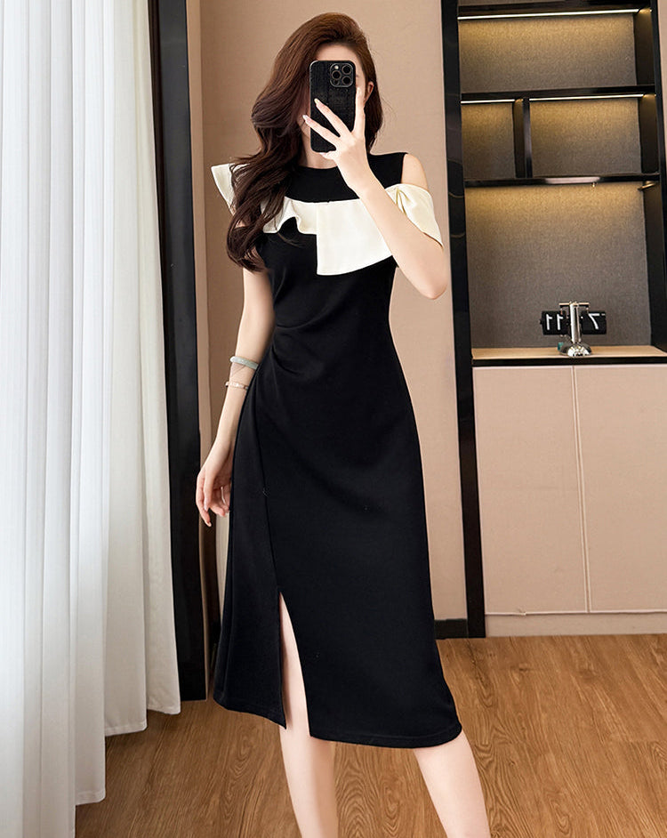 Elegant Black Cold-Shoulder Midi Dress With White Ruffles
