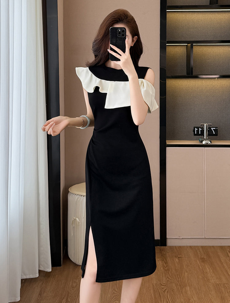 Elegant Black Cold-Shoulder Midi Dress With White Ruffles