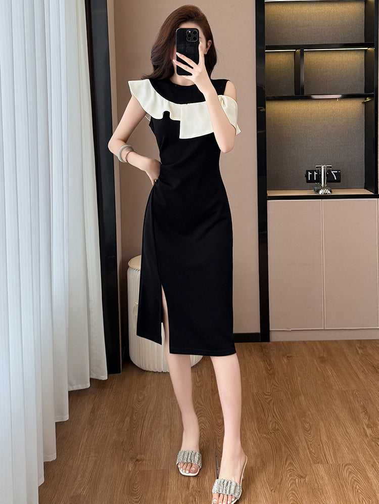 Elegant Black Cold-Shoulder Midi Dress With White Ruffles