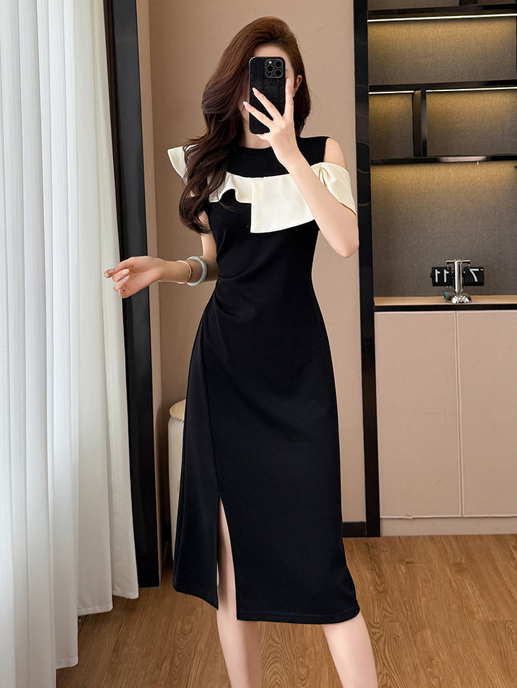 Elegant Black Cold-Shoulder Midi Dress With White Ruffles