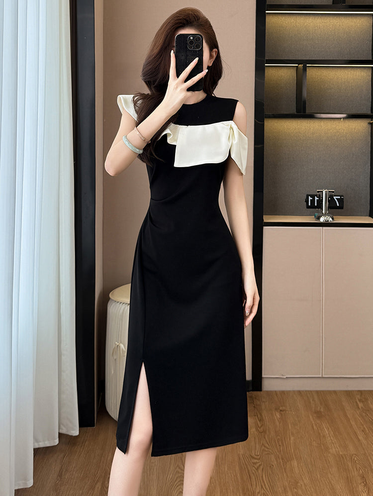Elegant Black Cold-Shoulder Midi Dress With White Ruffles