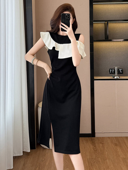 Elegant Black Cold-Shoulder Midi Dress With White Ruffles