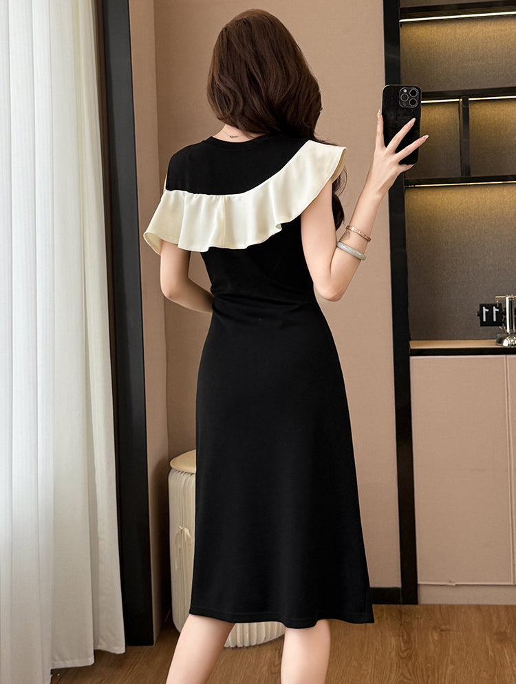 Elegant Black Cold-Shoulder Midi Dress With White Ruffles