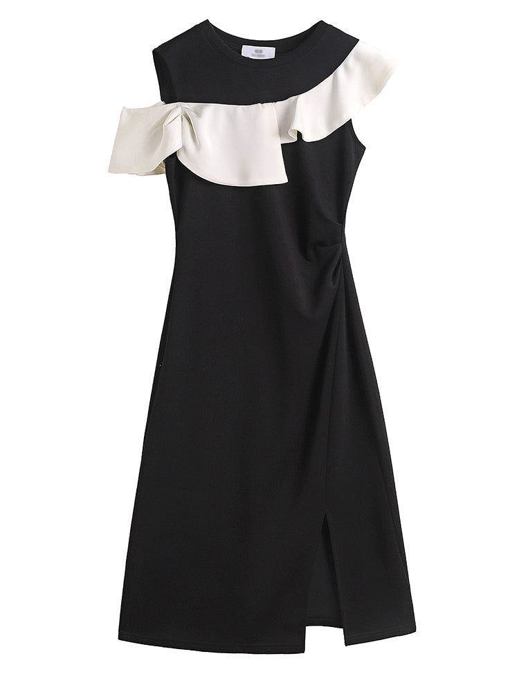 Elegant Black Cold-Shoulder Midi Dress With White Ruffles
