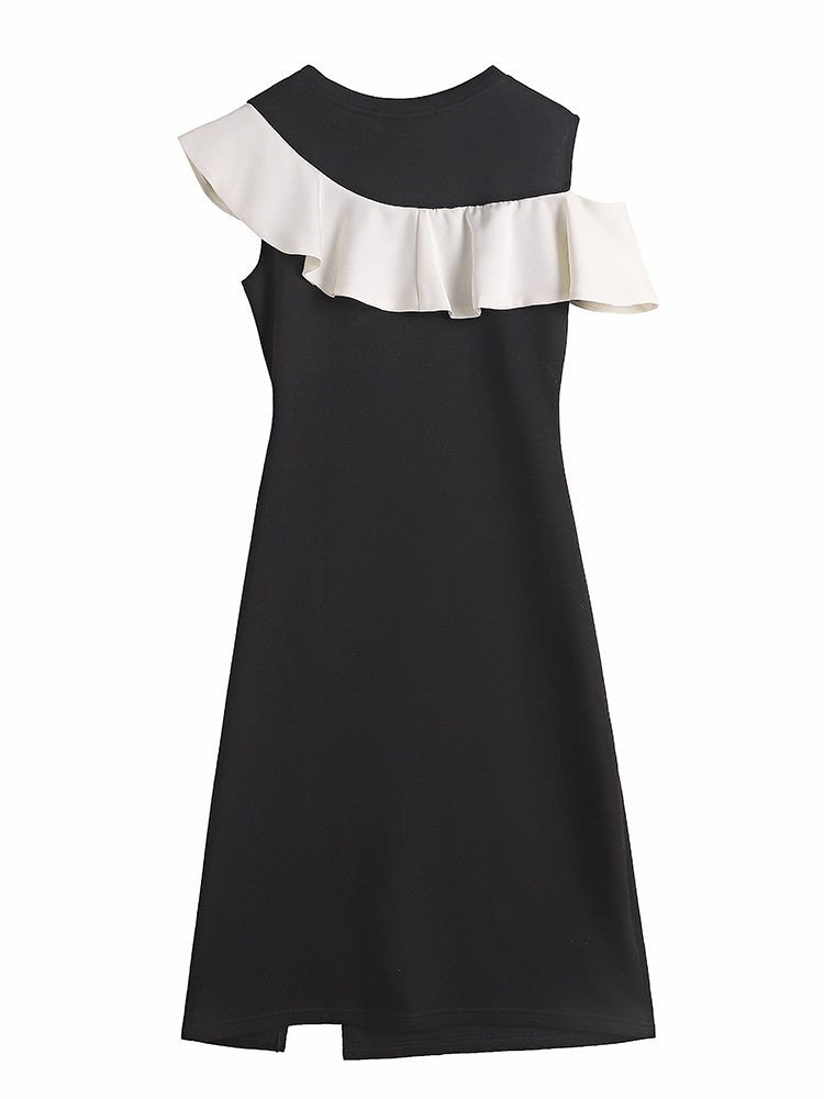 Elegant Black Cold-Shoulder Midi Dress With White Ruffles