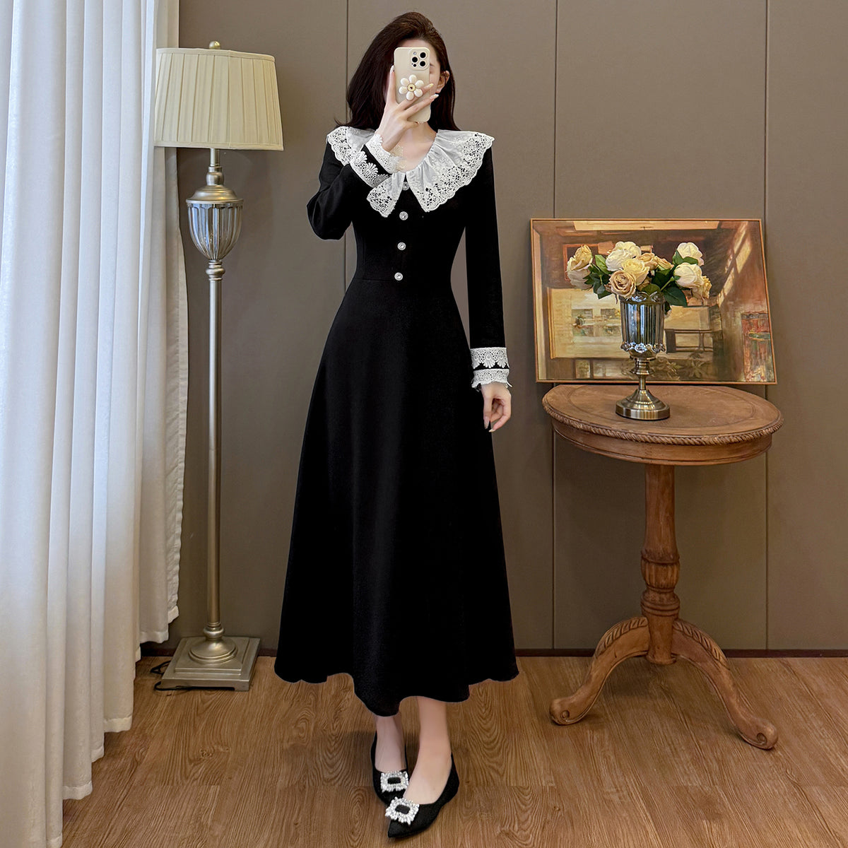 Black Midi Dress with White Eyelet Lace Ruffle Collar