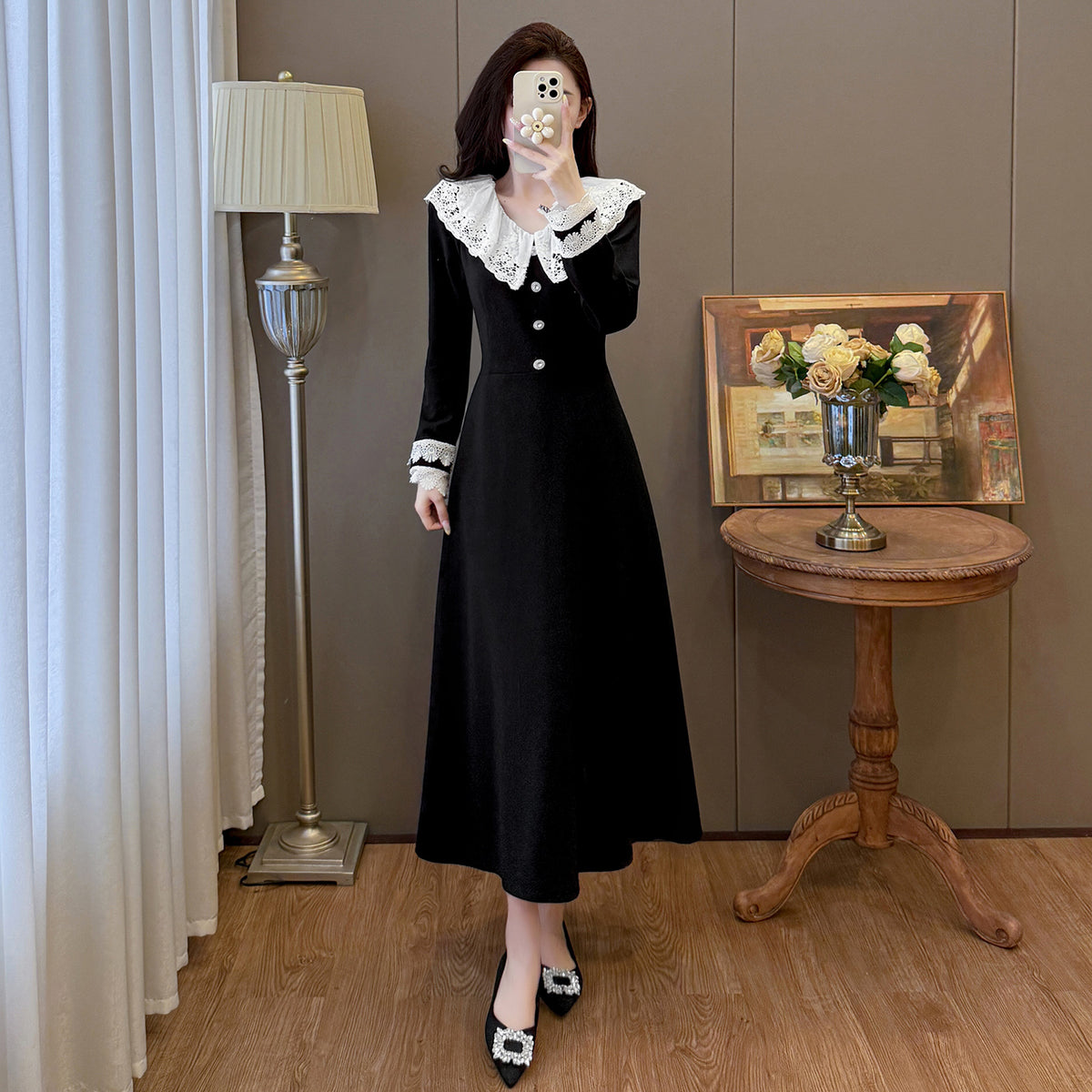 Black Midi Dress with White Eyelet Lace Ruffle Collar