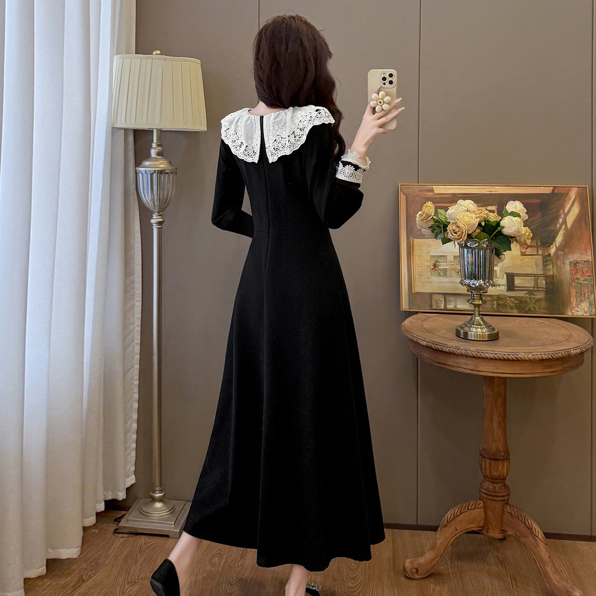 Black Midi Dress with White Eyelet Lace Ruffle Collar
