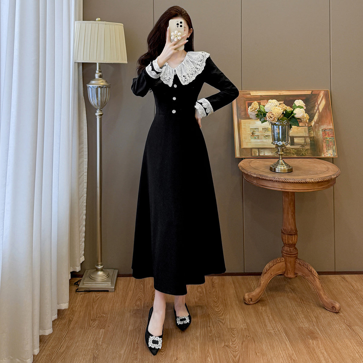 Black Midi Dress with White Eyelet Lace Ruffle Collar