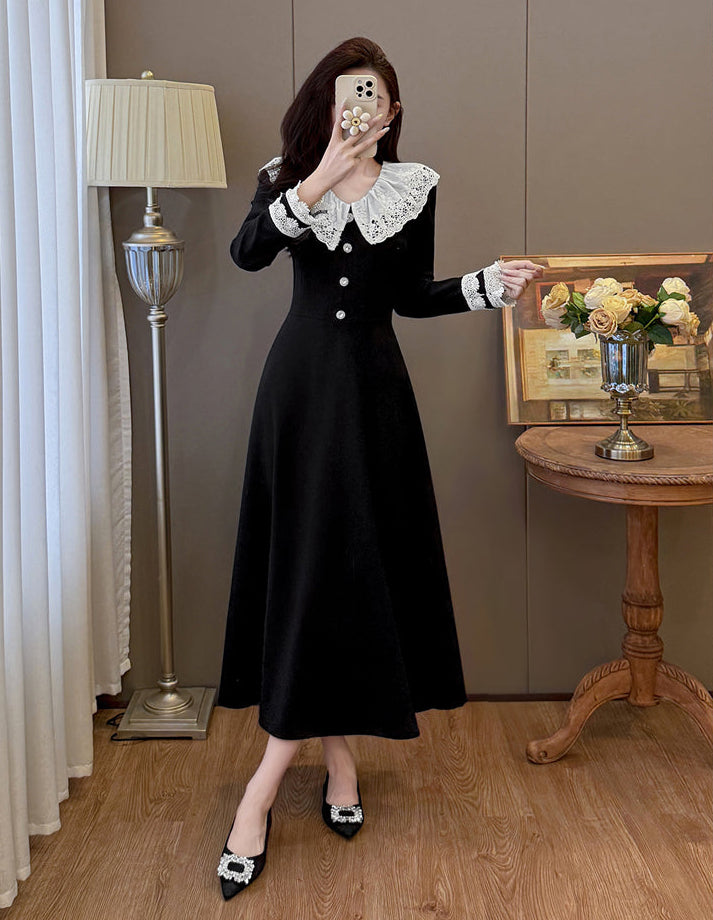 Black Midi Dress with White Eyelet Lace Ruffle Collar