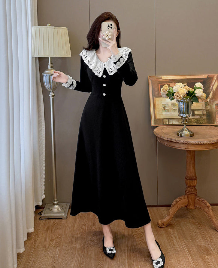 Black Midi Dress with White Eyelet Lace Ruffle Collar