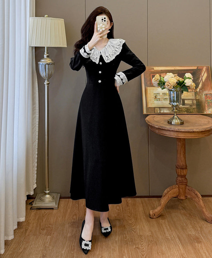 Black Midi Dress with White Eyelet Lace Ruffle Collar