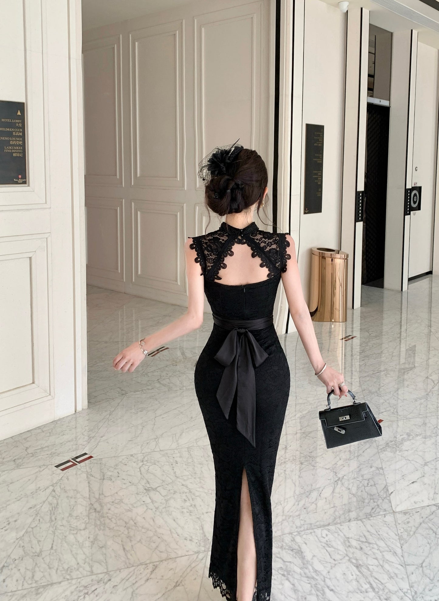 Black Mock-Neck Cutout Floral Lace Bodycon Maxi Dress With Tied Satin Waist Bow