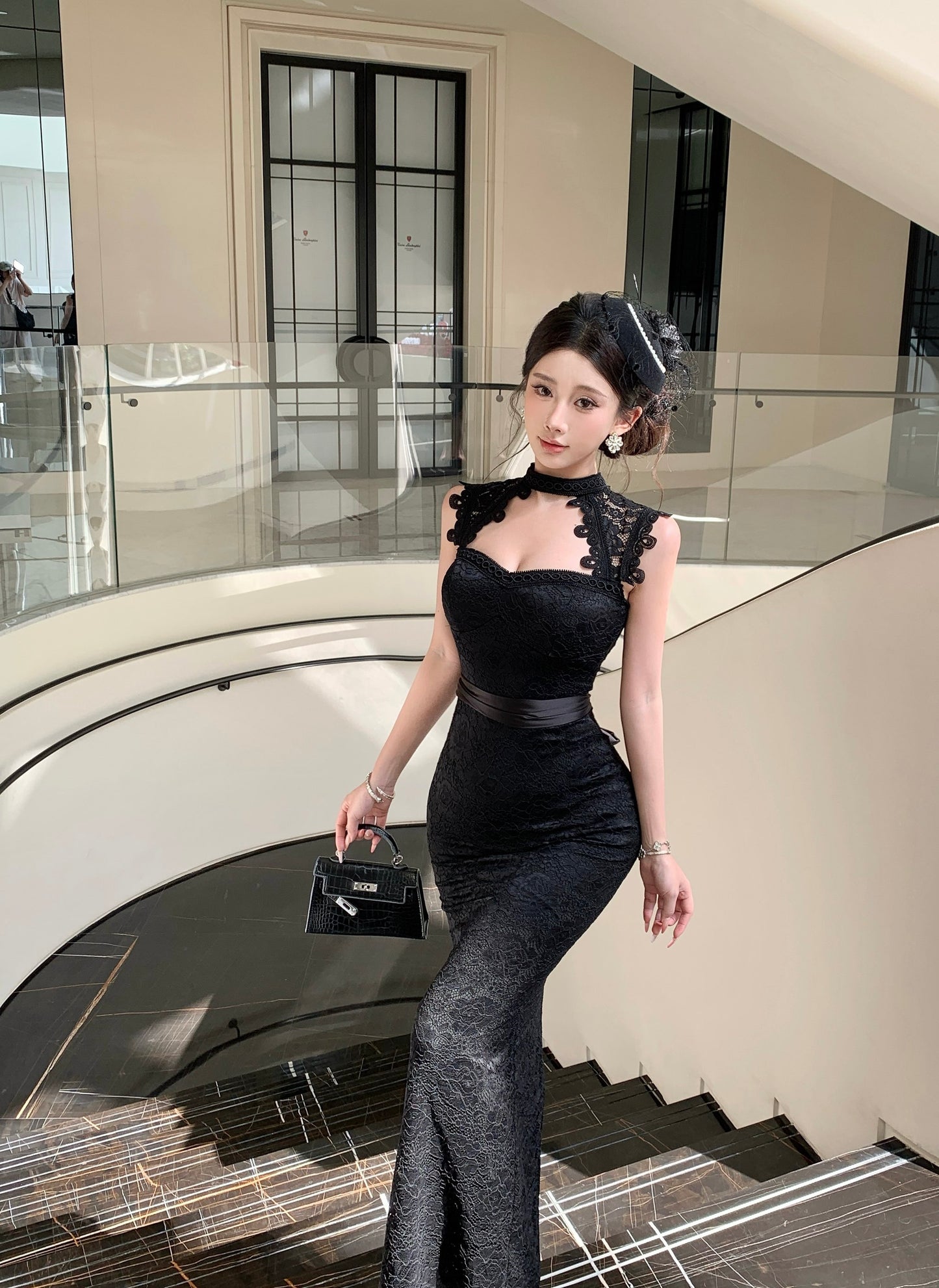 Black Mock-Neck Cutout Floral Lace Bodycon Maxi Dress With Tied Satin Waist Bow