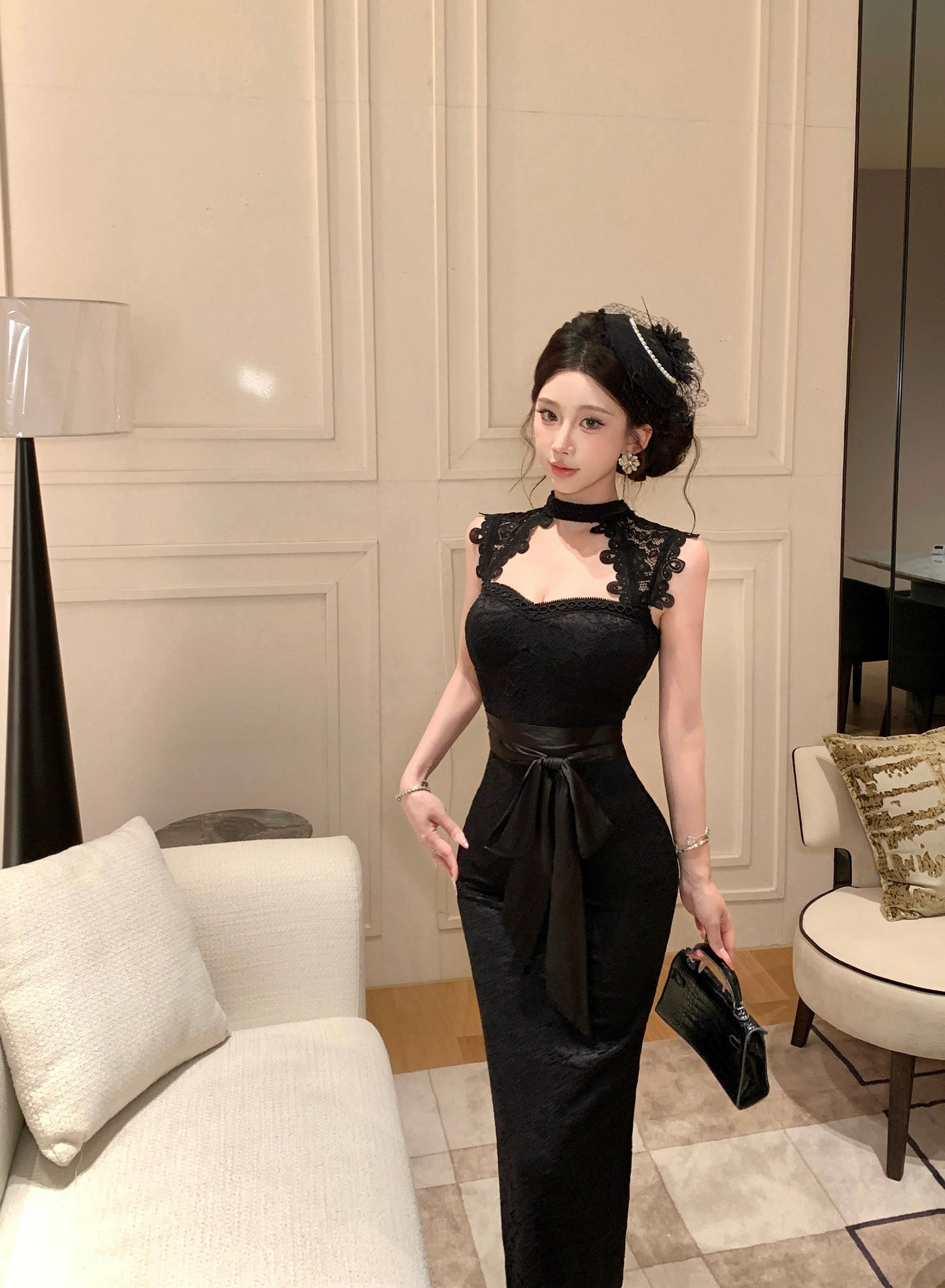 Black Mock-Neck Cutout Floral Lace Bodycon Maxi Dress With Tied Satin Waist Bow