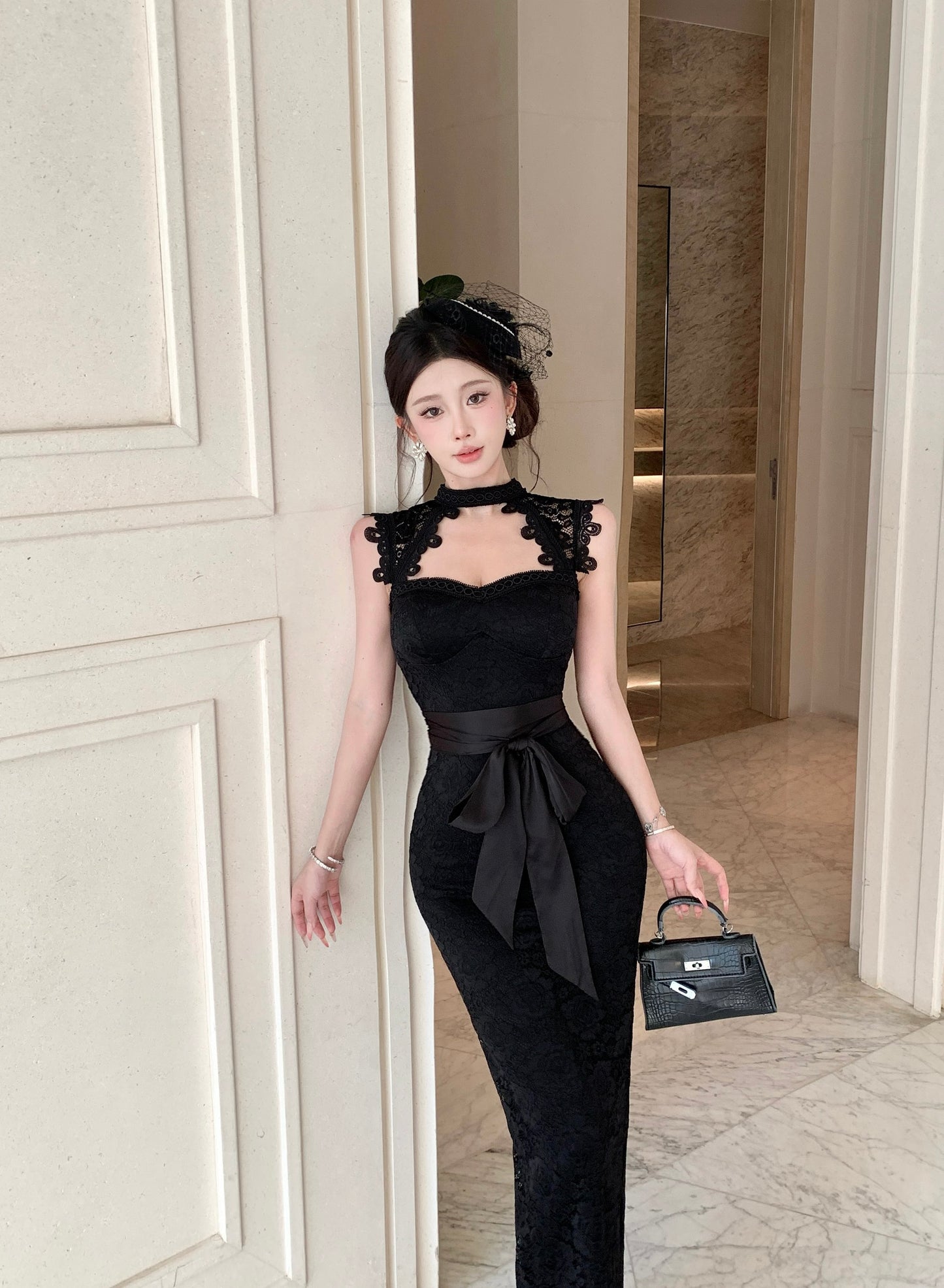 Black Mock-Neck Cutout Floral Lace Bodycon Maxi Dress With Tied Satin Waist Bow