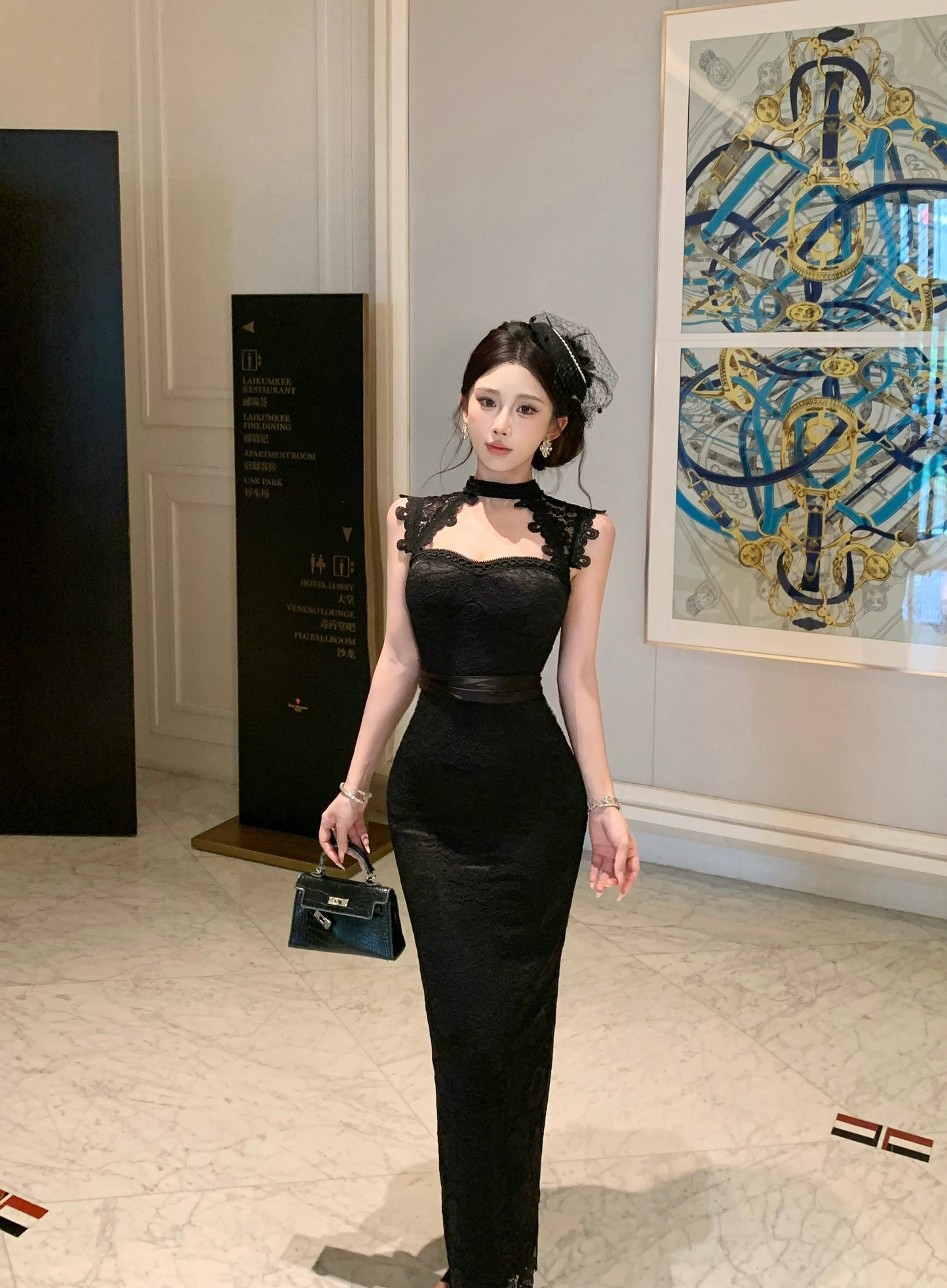 Black Mock-Neck Cutout Floral Lace Bodycon Maxi Dress With Tied Satin Waist Bow