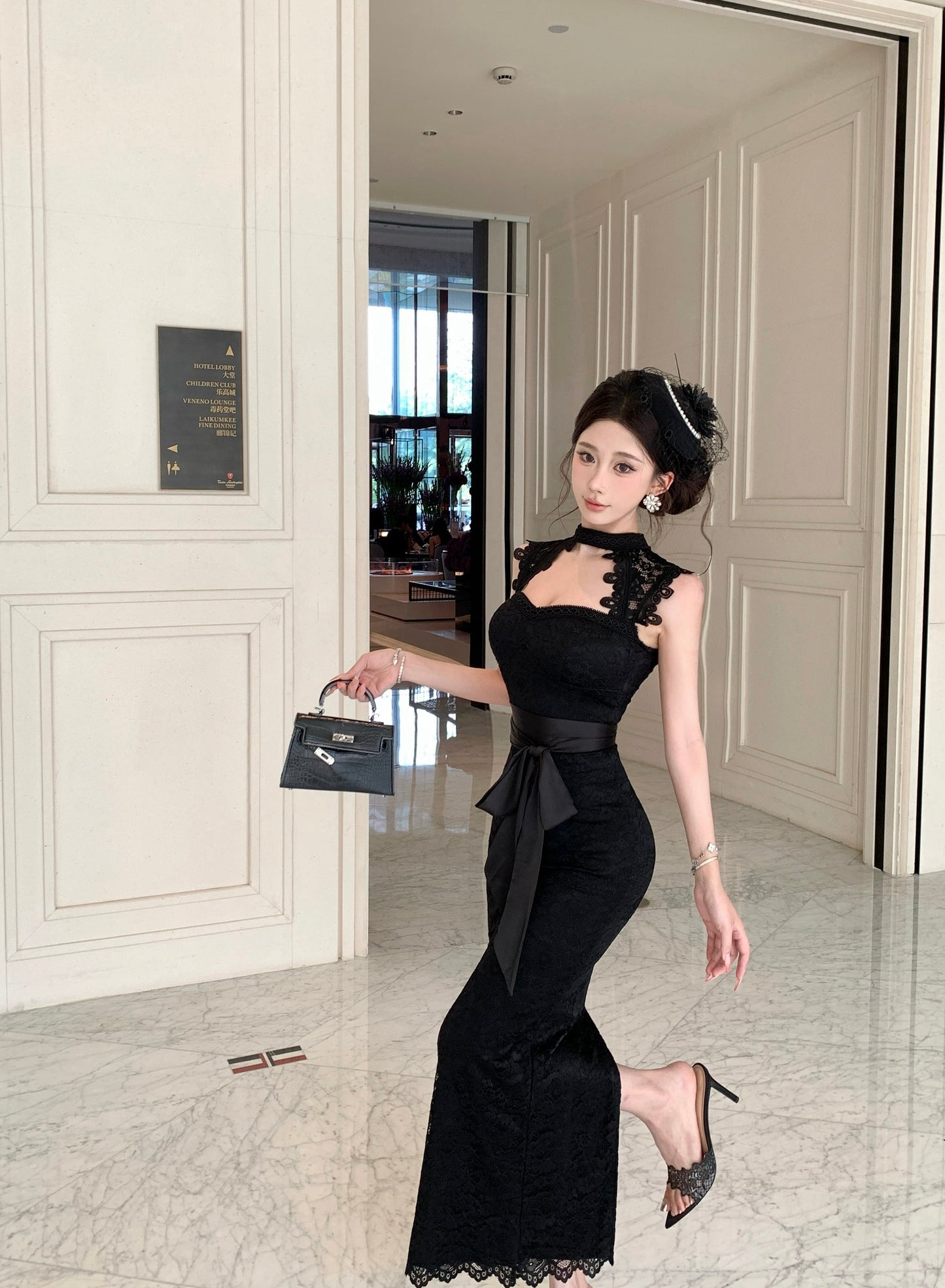 Black Mock-Neck Cutout Floral Lace Bodycon Maxi Dress With Tied Satin Waist Bow