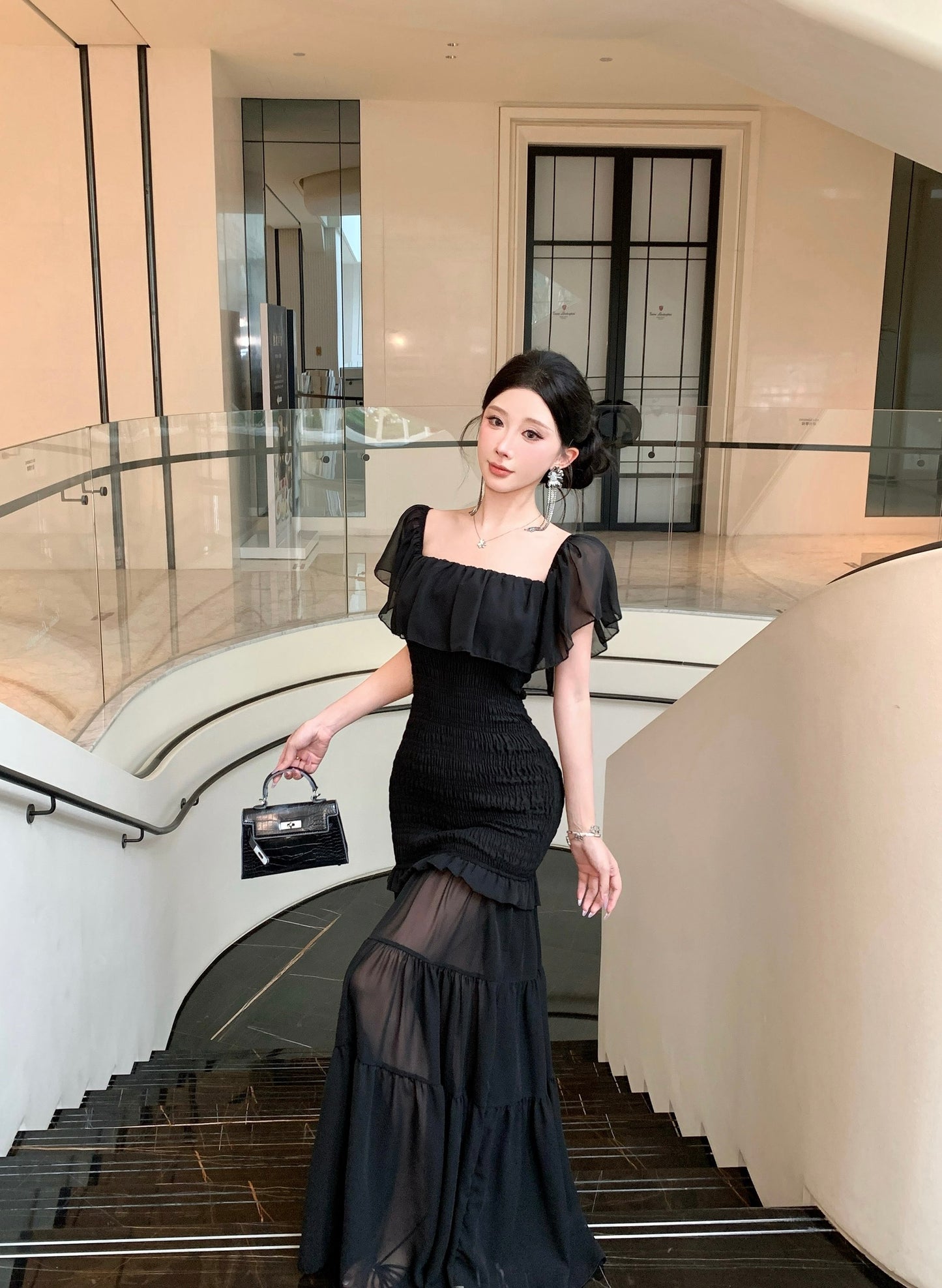 Black Off-the-Shoulder Smocked Bodycon Maxi Dress with Sheer Tiered Hem